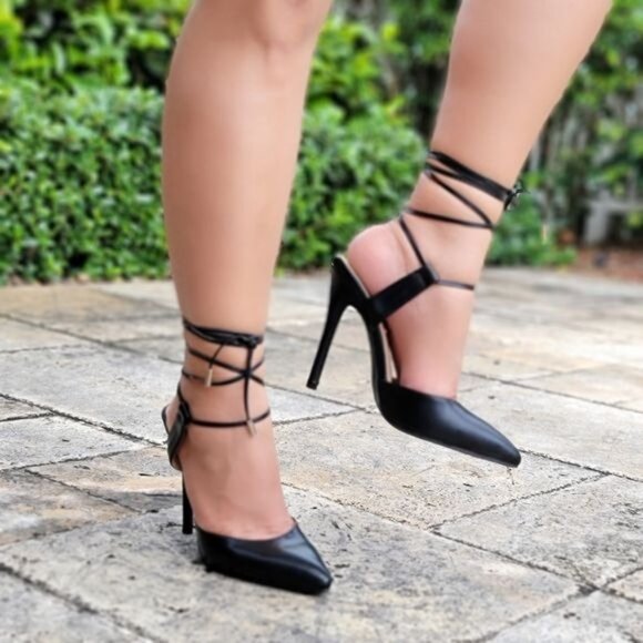 Women's Black Pointy Toe Lace Up High Heels Pumps - Picture 1 of 4